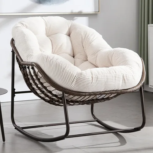 Miniatura 10 de HOMEFUN Juego de 2 mecedoras para patio al aire libre, sillas Papasan Rock de gran tamaño para interiores con cojín acolchado, asiento de huevo