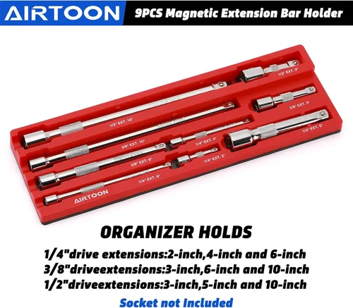 Miniatura 4 de Soporte magnético de barra de extensión de 9 piezas, organizador de barra de extensión magnética, plástico ABS, 1/4", 3/8", 1/2" Drive, capacidad