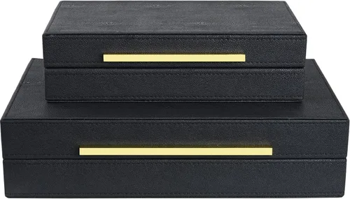 Miniatura 10 de Caja Negra Shagreen de Cuero Sintético, Juego de 3 Piezas Cajas Decorativas de Almacenamiento, Cajas Decorativas Modernas Apilables con Tapas