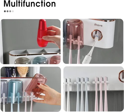Miniatura 7 de iHave Portacepillos de dientes, accesorios de baño con dispensador de pasta de dientes, 3 tazas, soporte para cepillos de dientes, decoración
