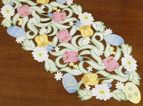 Miniatura 4 de Camino de mesa de Pascua, primavera, conejos, huevos, camino de mesa floral, bordado floral y conejos, huevos, bufanda, decoración de mesa