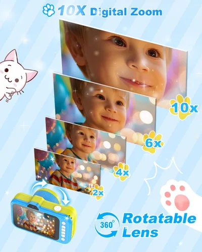 Miniatura 5 de Cámara para niños Uffylle, selfie frontal de 1080P 48MP, cámara de juguete para niños pequeños con pantalla grande de 3.5 pulgadas, zoom 10X