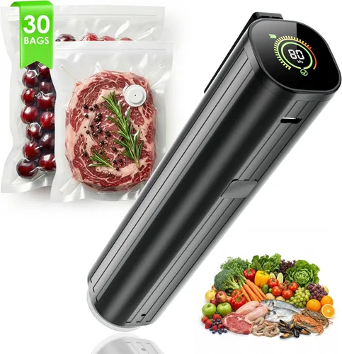 Elxis Sellador al vacío, sellador al vacío portátil de mano + 30 bolsas de vacío reutilizables, sellador de alimentos portátil, con pantalla de