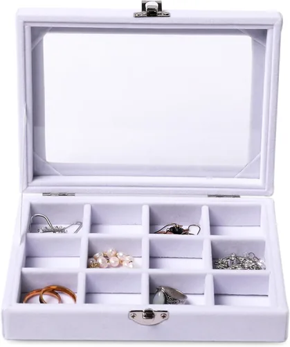 Miniatura 2 de Frebeauty Bandeja organizadora de joyas con tapa transparente, 12 rejillas de terciopelo para cajón con tapa transparente, vitrina de joyería