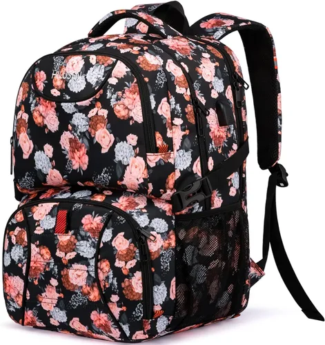 HILUSEN Mochila de almuerzo para mujer, lonchera térmica aislada, mochila de trabajo extra grande con puerto de carga USB, mochila de viaje para