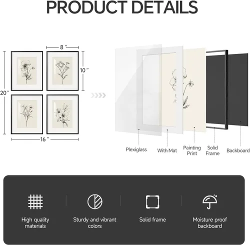 Miniatura 7 de Arte de pared botánico enmarcado en blanco y negro para baño, ilustraciones de plantas florales de granja para paredes de baño, 4 piezas