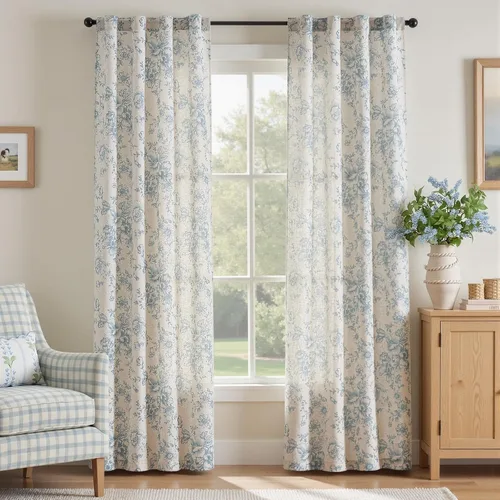 Miniatura 52 de Jinchan Cortinas de Mezcla de Lino con Estampado Floral para Sala de Estar, 84 Pulgadas de Largo, Cortinas con Bolsillo para Varilla y Tab Trasera