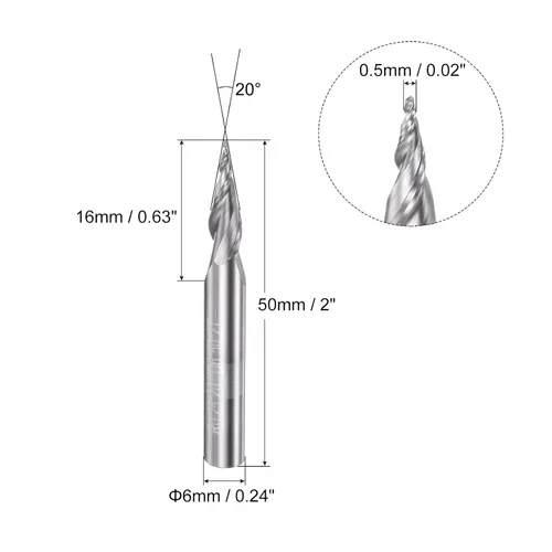 Miniatura 2 de uxcell Molino de extremo cónico de punta de bola, fresado en espiral de carburo sólido sin recubrimiento de 2 flautas, radio de 0.010 in, diámetro