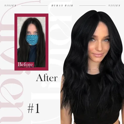 Miniatura 6 de Vivien Extensiones de cabello humano con clip, color negro azabache, extensiones de cabello humano real con pinzas invisibles, doble trama, 14