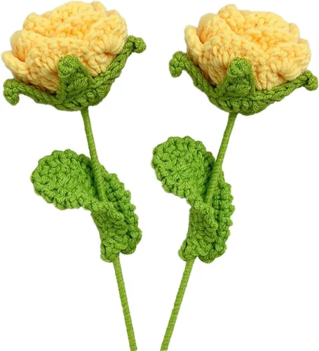 Rosa de ganchillo para tejer, 2 unidades, color amarillo, hecha a mano, flores de lana artificial, decoración de mesa para el hogar, regalo para el