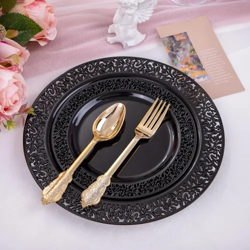 Miniatura 5 de U-QE 150 platos de plástico negro con cubiertos de plástico dorado, platos negros desechables para fiestas, incluyen 30 platos llanos de 10.25