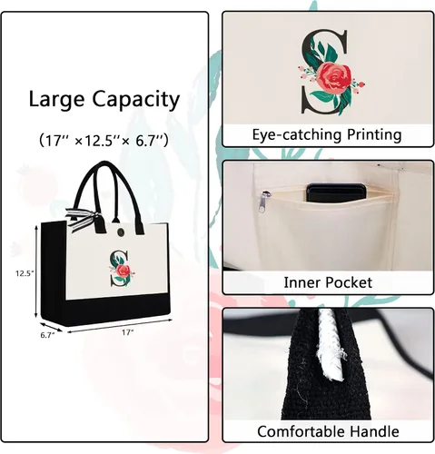 Miniatura 4 de Initial Canvas Tote Bag, Monogrammed Tote Bags Suitable for Mother's Day Wedding Beach