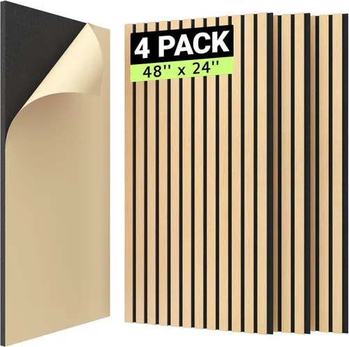 Miniatura 11 de TONOR 4 paneles de listones de madera, paneles acústicos adhesivos de 48 x 24 pulgadas para pared, paneles decorativos 3D estriados para absorción