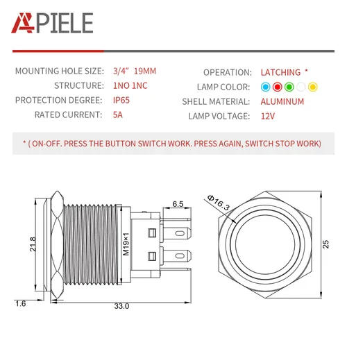 Miniatura 2 de APIELE Interruptor de botón de bloqueo de 0.748 in, 12 V CC, anillo de halo de ojo de ángel LED de 0.74 pulgadas, 1NO1NC SPDT con enchufe de cable
