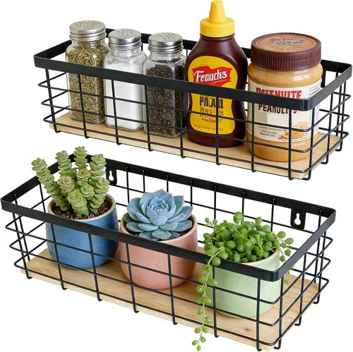 Miniatura 3 de ShabbyDecor Cesta de alambre de metal, base de madera desmontable, organizador de almacenamiento, cesta colgante para armarios de cocina, baño, Negro