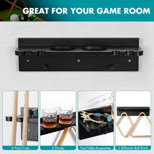 Miniatura 2 de XCSOURCE Soporte para tacos de billar de bambú, montaje en pared, soporte para 4 tacos con portabolas y portavasos, negro, 15.7 x 4.3 x 4.3 pulgadas