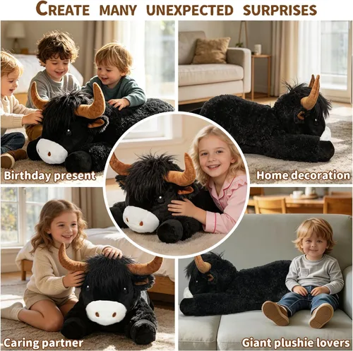 Miniatura 6 de Peluche de vaca gigante de las tierras altas de 39 pulgadas, juguete de peluche de ganado grande para niños y adultos, almohada de peluche esponjosa