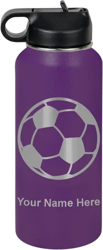 Miniatura 48 de LaserGram Botella de agua personalizada, pelota de fútbol, acero inoxidable de doble pared aislada al vacío con popote superior, regalo grabado