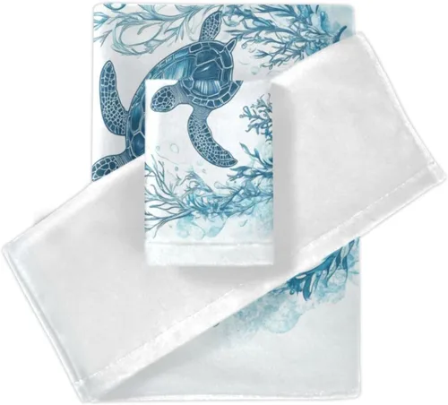 Miniatura 4 de Naanle Juego de 3 toallas suaves de lujo con diseño de tortuga marina oceánica, 1 toalla de baño+1 toalla de mano + 1 toallita, multiusos para baño