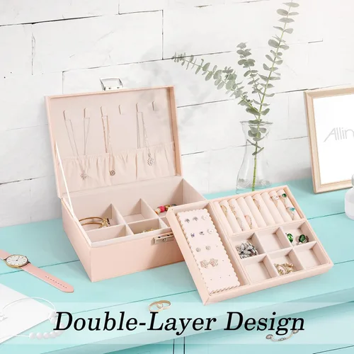 Miniatura 2 de Allinside Joyero organizador para mujeres, adolescentes y niñas, 2 capas de piel sintética con cerradura, forro de terciopelo, opción de regalo