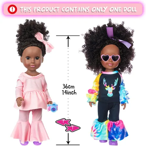 Miniatura 3 de Muñeca de silicona afroamericana de 14.5 pulgadas, muñeca realista de niña negra con 2 trajes, zapatos, mochila, cámara, lentes y accesorios