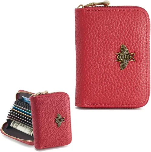 Miniatura 8 de WOZEAH Billetera pequeña para mujeres con bloqueo RFID, cartera para tarjetas de crédito, cartera de acordeón de cuero con cremallera, Negro
