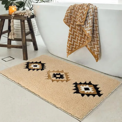 Miniatura 2 de DEXDE Alfombras de Baño Bohemias Marroquíes Alfombra de Baño 20x32 Pulgadas - Tapete de Baño Geométrico Antideslizante, Beige Crema Lavable a