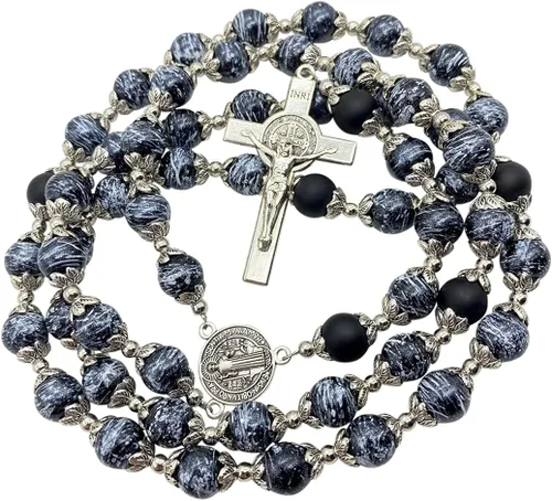 Miniatura 6 de Nazareth Store Rosario de cristal negro de San Benito cuentas de ágata collar de medalla de protección contra el mal y crucifijo de oración Rosarios