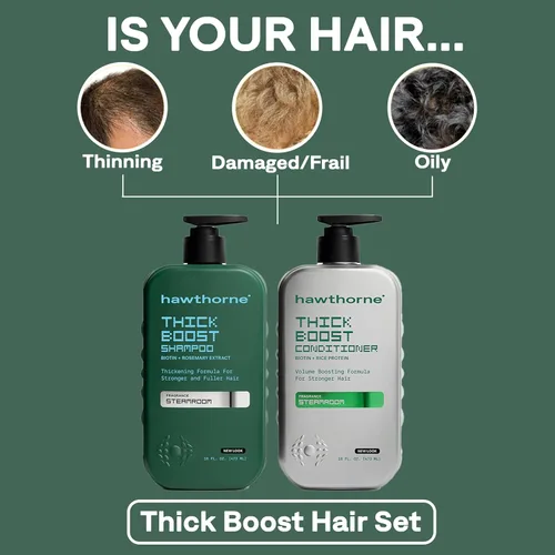 Miniatura 2 de Hawthorne Juego de champú y acondicionador Thick Boost, conjunto de champú y acondicionador espesante para hombre con biotina, proteína de arroz