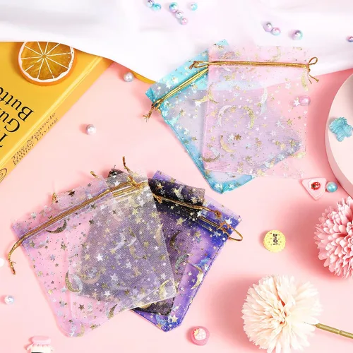 Miniatura 6 de Shappy 150 bolsas de organza con cordón, pequeñas estrellas y luna, bolsa de regalo de malla, bolsas de regalo de malla con estrellas doradas