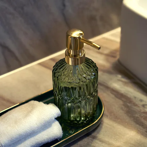 Miniatura 5 de Dispensador de jabón de vidrio Botella verde Bomba de plástico dorado Fregadero de cocina recargable Encimera Dispensador de platos de mano