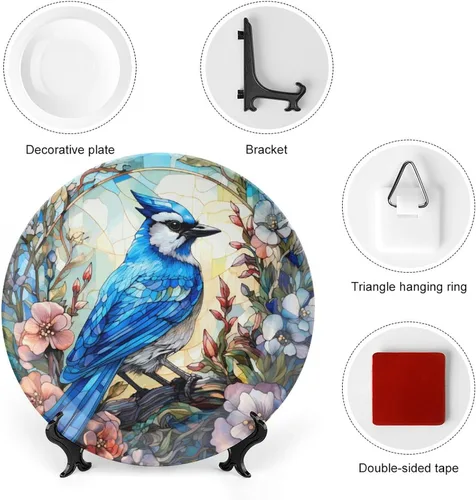 Miniatura 3 de Platos decorativos, pájaro azul y flores, pintura de vitrales, plato de cena de cerámica para el hogar con soporte de exhibición, decoración