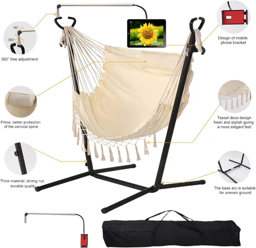 Miniatura 8 de Hamaca con soporte incluido con soporte para teléfono, silla doble colgante, macramé, estilo boho, hecha a mano, columpio ajustable para interiores