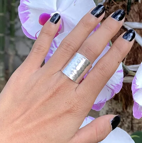 Miniatura 8 de Hammered Sterling Silver Handmade Classic Wide Band Boho Statement Ring, Shiny Finish Wrap Band Adjustable to Sizes 6-12, Also as Thumb Ring, Gift