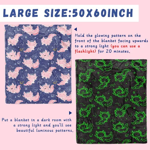 Miniatura 6 de GEULAY Axolotl - Manta de tamaño individual para cama y sofá, manta de ajolote que brilla en la oscuridad, regalos para niñas, manta de forro polar