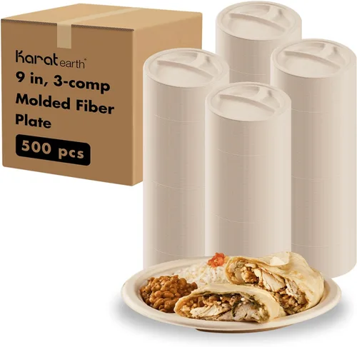 KARAT EARTH Platos de papel desechables compostables de 9 pulgadas (paquete de 500) 3 compartimentos, fibra moldeada, paquete ecológico a granel