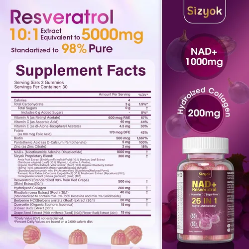 Miniatura 2 de Gomitas de Resveratrol NAD, Suplementos NAD para Mujeres con Colágeno Hidrolizado, Semilla de Uva y D-Biotina que Apoyan la Acción Antioxidante