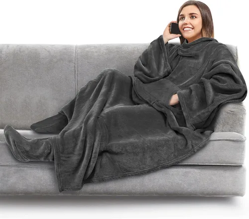 Miniatura 15 de PAVILIA Manta de forro polar con mangas, bolsillos para los pies para mujeres, hombres y adultos, manta de felpa para llevar, cálida manta