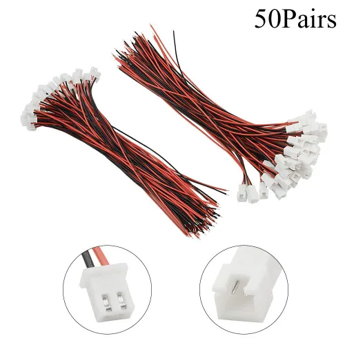 Miniatura 2 de 100 unidades (50 pares) 0.100 in 2PIN hembra y macho enchufe de conexión con conector de terminal rojo negro cable compatible con JST-XHP 7.874 in