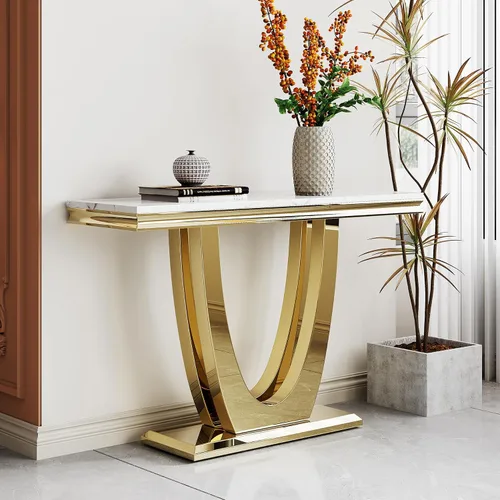 Miniatura 67 de SSLine Mesa de Centro Rectangular de Mármol Sintético para Sala de Estar, Mesa Central Moderna de Mármol Blanco de Lujo con Base Doble en Forma de U