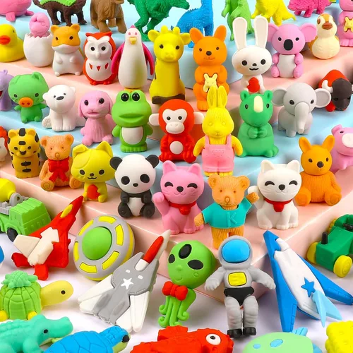 Moosia Paquete de 60 borradores de lápices de animales para niños, mini rompecabezas 3D para desmontar, mascotas de escritorio y juguetes de caja