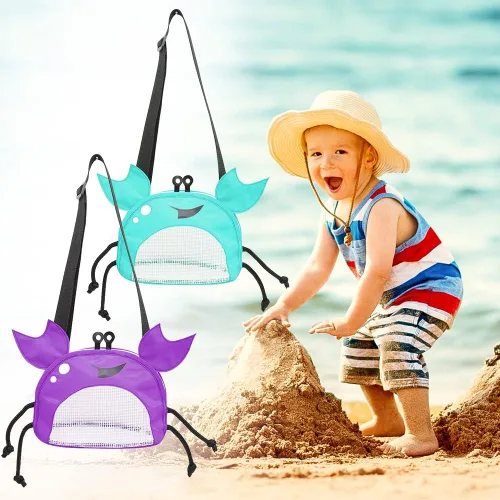 Miniatura 2 de Bolsa de malla de cangrejo para playa, bolsas de recolección de conchas de playa, juguetes de conchas de playa, correa ajustable para el hombro