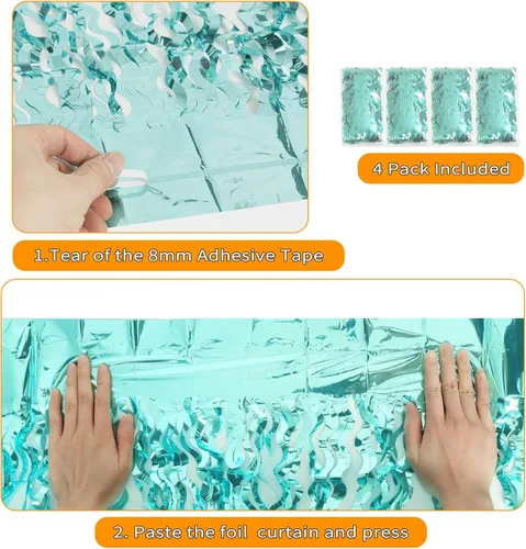 Miniatura 4 de Paquete de 4 cortinas telón de fondo de flecos de lámina metálica ondulada azul aguamarina de 3.3 pies x 6.6 pies - Cortinas de lámina metálica