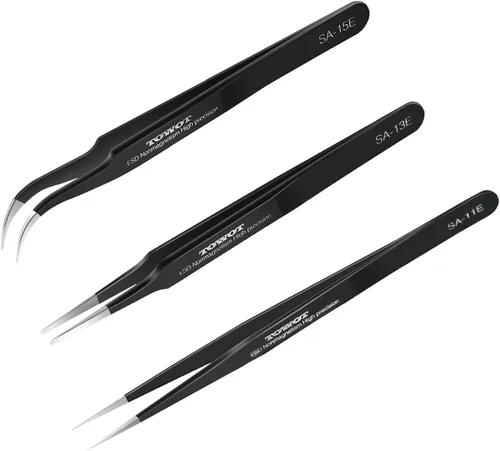 Miniatura 9 de TOWOT Juego de 5 pinzas de precisión, pinzas antiestáticas premium de acero inoxidable para manualidades, electrónica, soldadura, fabricación
