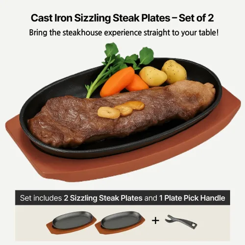 Miniatura 2 de JapanBargain, Juego de 2 platos chisporroteantes de hierro fundido con bases de madera, platos para servir carne y fajita, parrilla pre-sazonada