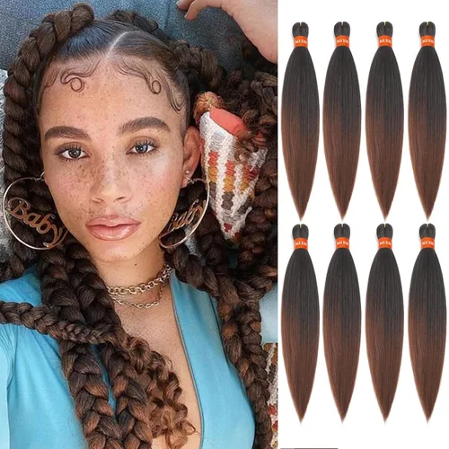 Miniatura 68 de Cabello trenzado preestirado ombré, extensiones de cabello trenzado sedoso, sin picazón, trenzas de cabello trenzado de ganchillo con textura Yaki