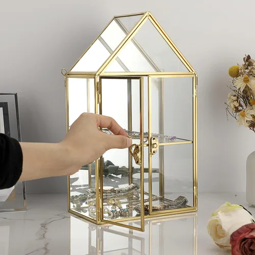 Miniatura 8 de ELLDOO Caja de almacenamiento de cristal transparente de 2 niveles, estuche organizador de maquillaje de joyería con espejo dorado, caja de torre
