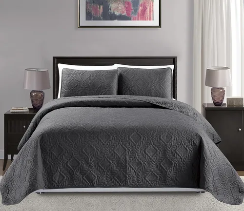 Mk Collection King/California King Tamaño Extra Grande 118"x106" Colcha Cubrecama de 3 Piezas con Diseño de Diamantes Repujado Color Sólido Gris