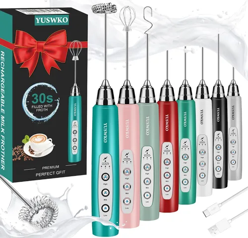 Miniatura 11 de YUSWKO - Espumador de leche recargable de mano con 3 cabezas, mezclador de bebidas con 3 velocidades ajustables para latte, cappuccino, chocolate