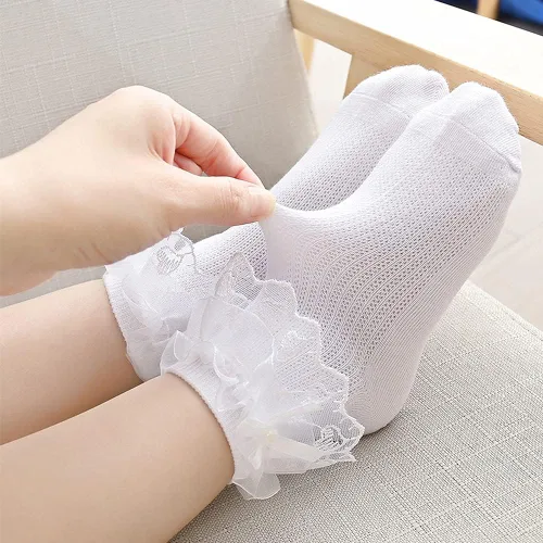 Miniatura 5 de Looching 5 pares de calcetines de encaje con volantes y lazo con volantes de malla con ojales de princesa, calcetines de vestir al tobillo